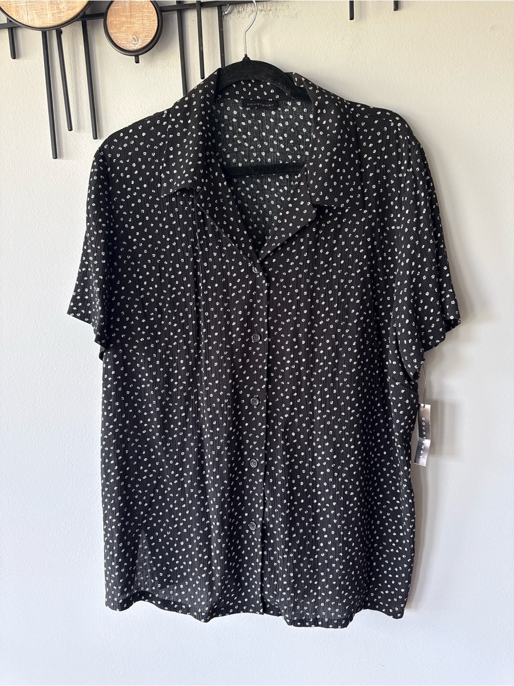 Courtenay Black Short-Sleeve Button-Up Blouse with White Dot Print